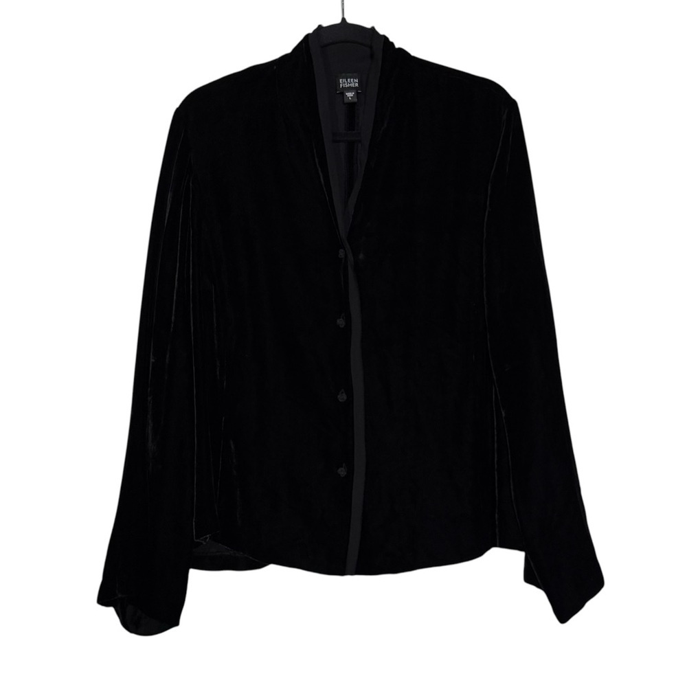Eileen Fisher Velvet Button Up Jacket Long Sleeve Black Size Large Silk Top